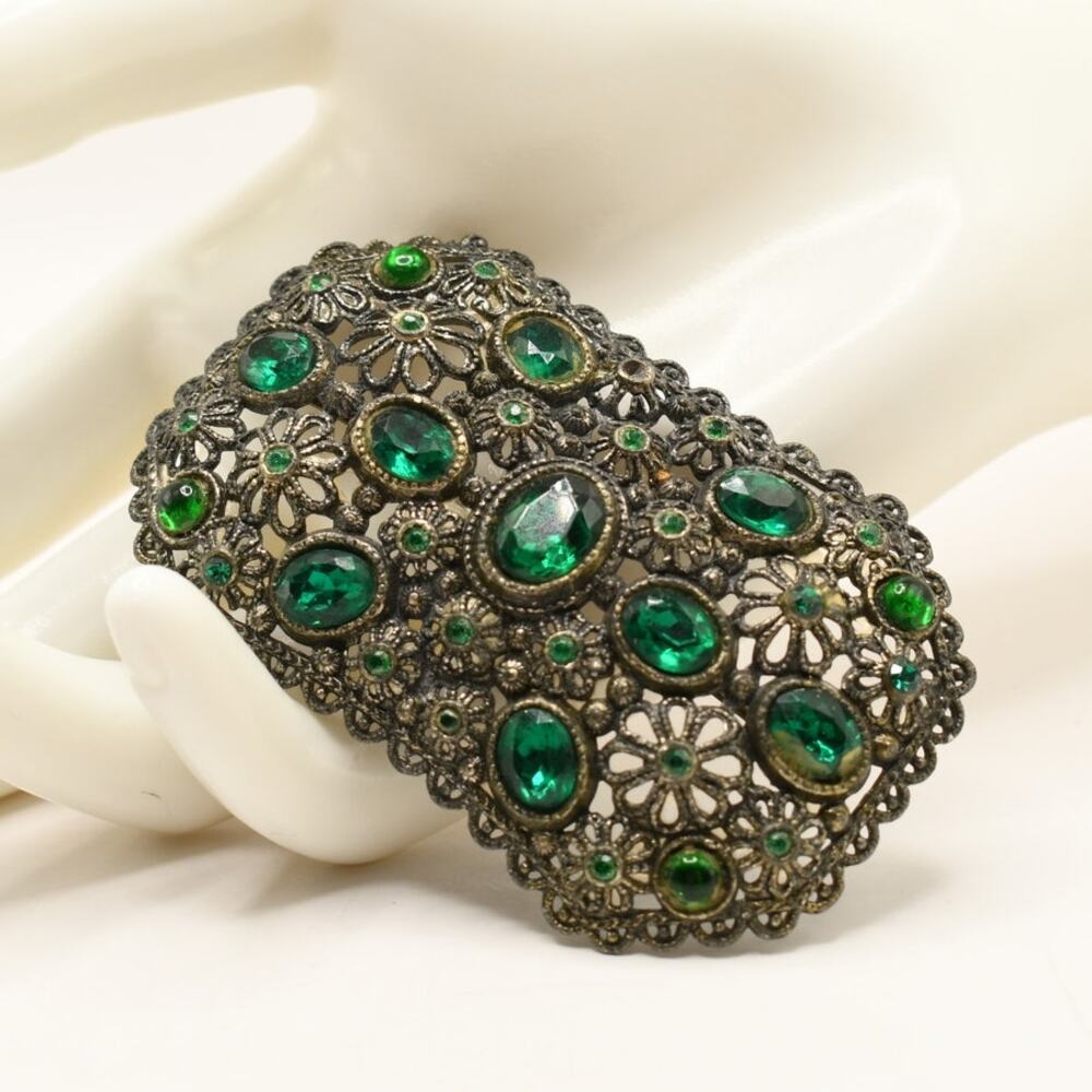Vintage Emerald Green Rhinestone Filigree Floral Brooch Victorian Revival